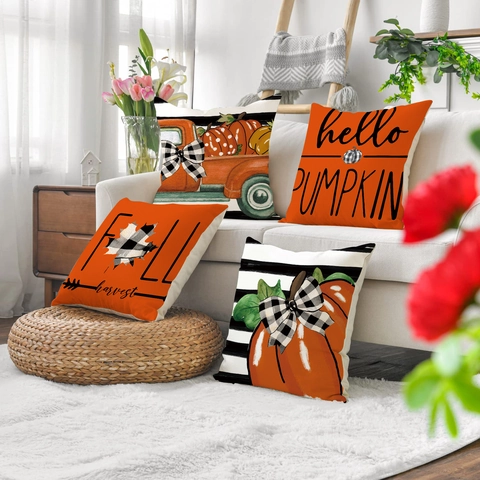 Herfst Thanksgiving Pompoen Kussenslopen Linnen Decoratieve Kussenhoezen Vintage Truck Buffalo Plaid Huis Bank