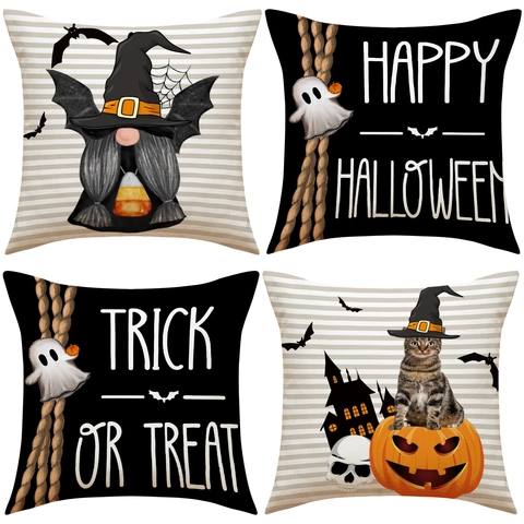 Fundas De Cojín Halloween Lino Fundas De Almohada Decorativas Fantasma Gnomo Calabaza Gato Para Sofá Salón Decoración Fiesta