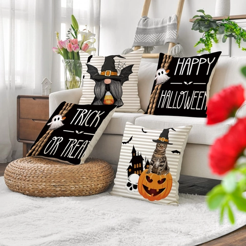 Fundas De Cojín Halloween Lino Fundas De Almohada Decorativas Fantasma Gnomo Calabaza Gato Para Sofá Salón Decoración Fiesta