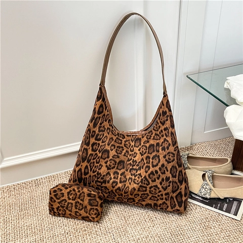 Leopardenmuster Große Kapazität Schultertasche Mit Kleiner Tasche Zweiteiliges Set PU Leder Hobo Tote Bag Für Damen Alltag