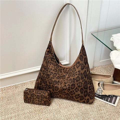 Leopardenmuster Große Kapazität Schultertasche Mit Kleiner Tasche Zweiteiliges Set PU Leder Hobo Tote Bag Für Damen Alltag