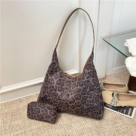Borsa Tote in Velluto con Stampa Leopardata Donna E Pochette Grande Capacità Borsa a Tracolla Hobo Vintage Niche Viaggio