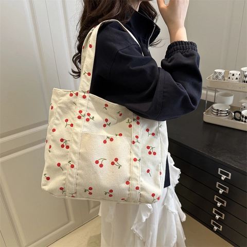 Kirschdruck Cord Tote Bag Große Kapazität Lässige Umhängetasche Für Damen Mit Reißverschluss