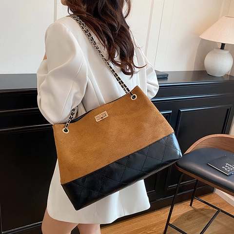 Vintage Gewatteerde Ketting Tote Bag Patchwork Suède PU Leer Grote Capaciteit Draaisluiting Schoudertas Voor Dames Mode Tas
