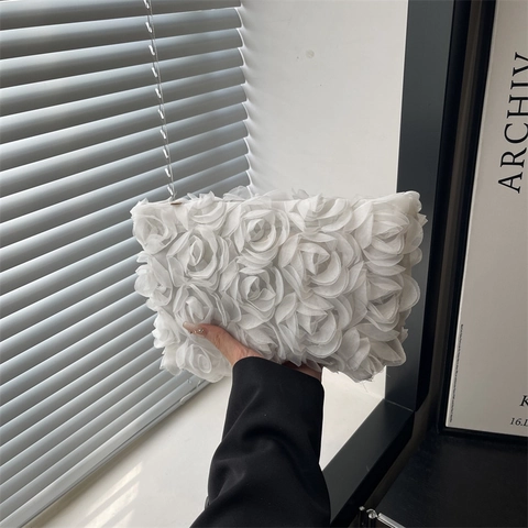 Women Three Dimensional Rose Flower Clutch Bag Elegant Evening Bag Soft Special Fabric Banquet Handbag For Wedding Party