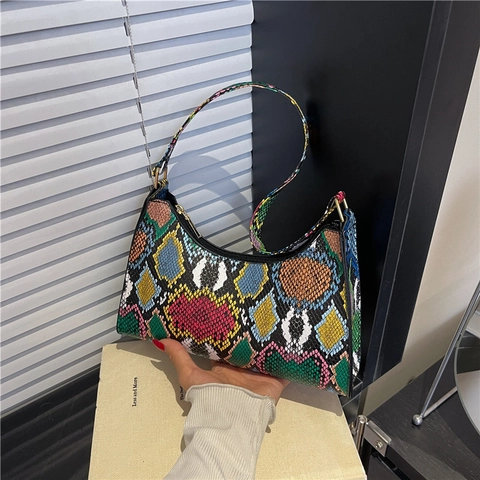 Borsa Sottobraccio in Pelle PU Donna Multicolore Motivo Serpente Moda Retrò Stampa Pitonata Borsa a Spalla Baguette Hobo