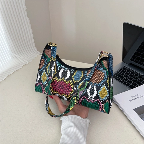 Borsa Sottobraccio in Pelle PU Donna Multicolore Motivo Serpente Moda Retrò Stampa Pitonata Borsa a Spalla Baguette Hobo