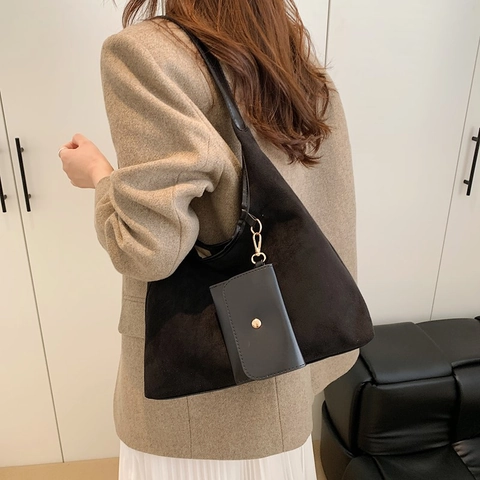 Damen Große Kapazität Wildleder Einkaufstasche Und Minibeutel Vintage Minimalistisch Schulter Hobo Tasche Für Den Alltag