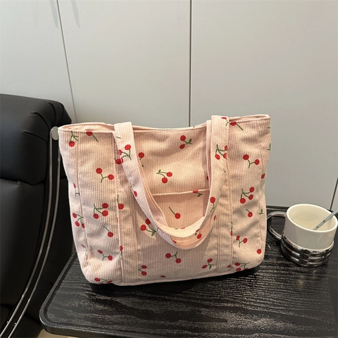 Kirschdruck Cord Tote Bag Große Kapazität Lässige Umhängetasche Für Damen Mit Reißverschluss