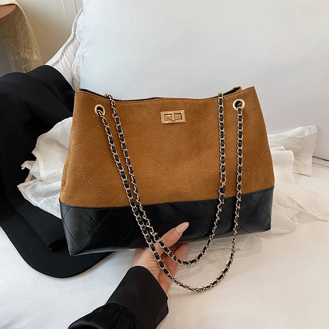 Quilted Rhombus Shoulder Bag Large Capacity PU Leather Suede Splicing Chain Strap Turn Lock Vintage Tote Bag For Women