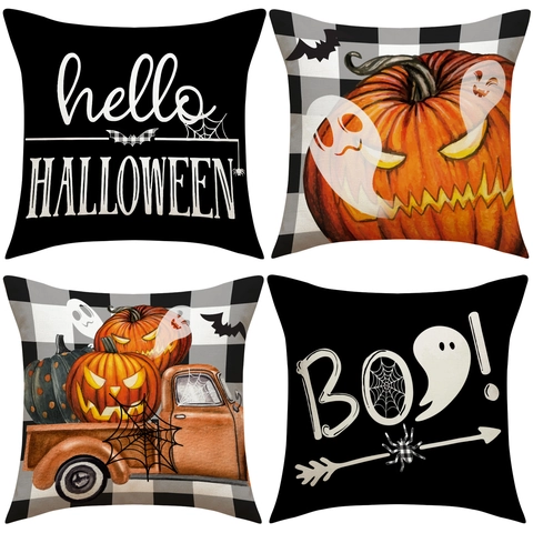 Fundas De Cojín Halloween Lino Calabaza Fantasma Funda Decorativa Estilo Granja Para Sofá Decoración Del Hogar