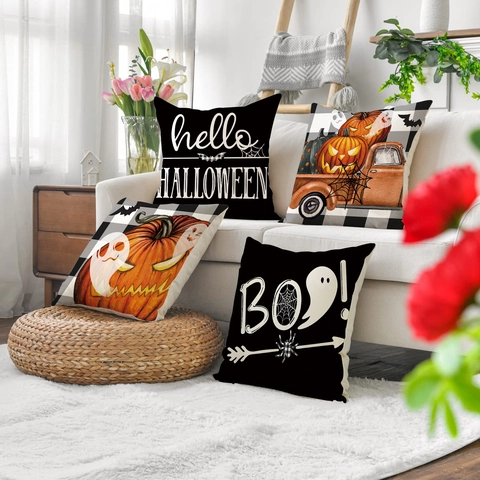 Fundas De Cojín Halloween Lino Calabaza Fantasma Funda Decorativa Estilo Granja Para Sofá Decoración Del Hogar