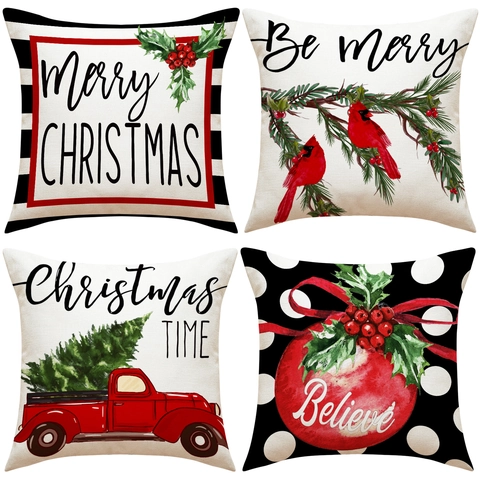 Housses De Coussin De Noël En Lin Taie D'oreiller Décorative Pour Canapé Décoration D'hiver Fêtes Carré Ornement
