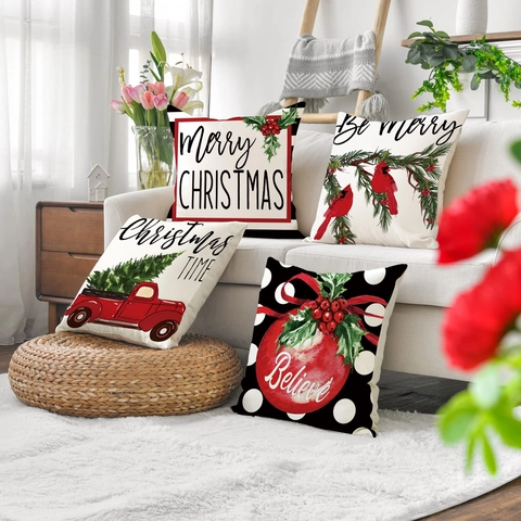 Housses De Coussin De Noël En Lin Taie D'oreiller Décorative Pour Canapé Décoration D'hiver Fêtes Carré Ornement