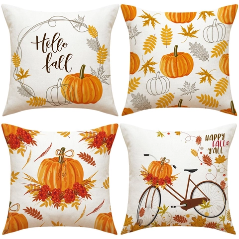 Fundas De Cojín Decorativas De Otoño Calabaza Hoja De Arce Textura Lino Decoración De Sofá Para Acción De Gracias