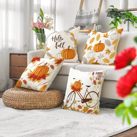 Fundas De Cojín Decorativas De Otoño Calabaza Hoja De Arce Textura Lino Decoración De Sofá Para Acción De Gracias