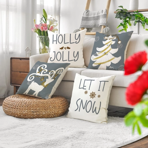 Weihnachts Kissenbezüge Rentier Weihnachtsbaum Druck Leinenoptik Feiertagsdeko Sofa Kissenhüllen