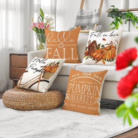 Autumn Fall Pumpkin Throw Pillow Cover Linen Cotton Decorative Cushion Case For Thanksgiving Halloween Living Room Square