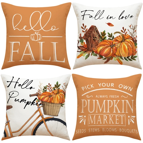 Autumn Fall Pumpkin Throw Pillow Cover Linen Cotton Decorative Cushion Case For Thanksgiving Halloween Living Room Square