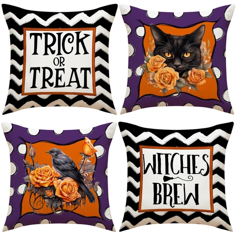 Funda de Almohada de Lino Halloween Funda de Cojín Trick Or Treat Witches Brew Gato Negro Cuervo Rosa Naranja Decoración Hogar