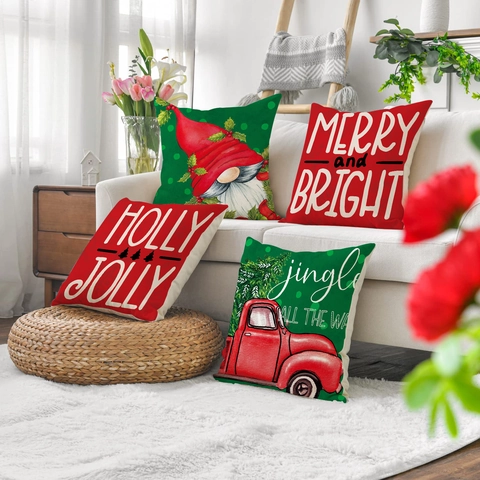 Kerst Kussenhoezen Linnen Katoen Kabouter Rode Vrachtwagen Gedrukt Vakantie Bank Decoratieve Hoezen