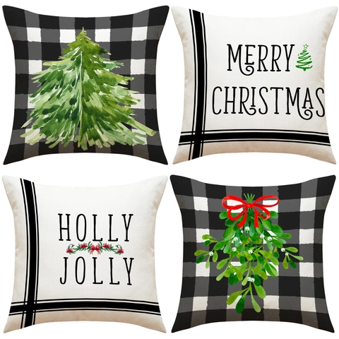 Fundas De Cojín De Navidad Lino Buffalo Plaid Funda De Almohada Árbol De Navidad Muérdago Impresión De Letras Decoración De Sofá