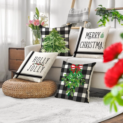 Fundas De Cojín De Navidad Lino Buffalo Plaid Funda De Almohada Árbol De Navidad Muérdago Impresión De Letras Decoración De Sofá