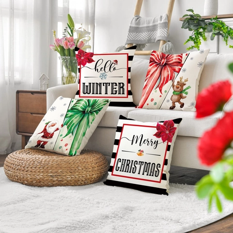 Fodera Per Cuscino Di Natale Lino Babbo Natale Renna Stampa Decorativa Federa Per Cuscino Casa Divano Decorazione Festa Natale