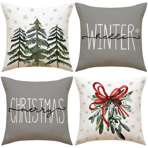 Weihnachts Kissenbezüge Leinen Dekorative Kissenhüllen Tannenbaum Mistelzweig Winter Schneeflocke Feiertag Heimdeko