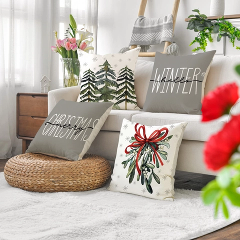 Weihnachts Kissenbezüge Leinen Dekorative Kissenhüllen Tannenbaum Mistelzweig Winter Schneeflocke Feiertag Heimdeko