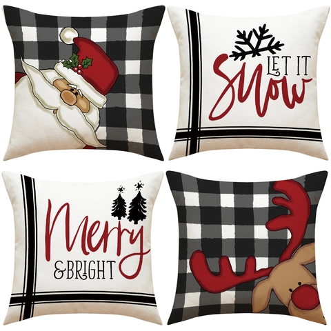 Federa Decorativa Natalizia Buffalo Plaid Babbo Natale Renna in Lino Copricuscino per Divano Soggiorno Decorazione Festiva