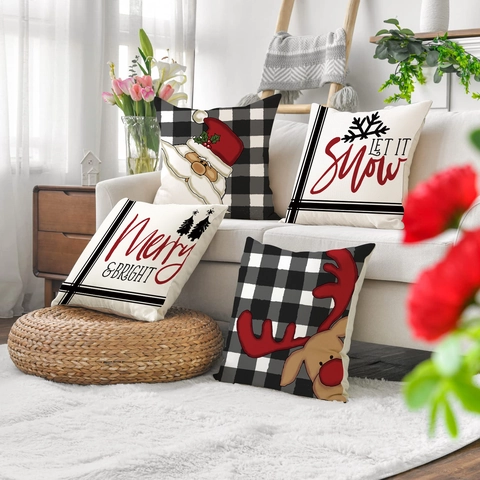 Federa Decorativa Natalizia Buffalo Plaid Babbo Natale Renna in Lino Copricuscino per Divano Soggiorno Decorazione Festiva