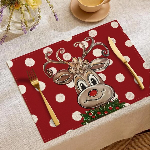 Linen Christmas Placemats Heat Resistant Washable Reindeer Nutcracker Table Mats For Dining Room Holiday Home Decor