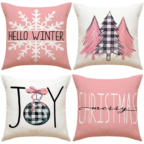Housses De Coussin De Noël Texture Lin Hiver Flocon De Neige Carreaux Sapin Décor De Canapé Rose Blanc