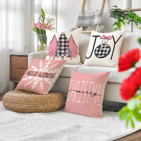 Housses De Coussin De Noël Texture Lin Hiver Flocon De Neige Carreaux Sapin Décor De Canapé Rose Blanc