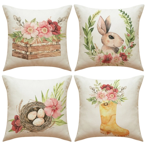 Ostern Kissenbezüge Leinen Aquarell Hase Floral Vogelnest Frühling Bauernhaus Deko
