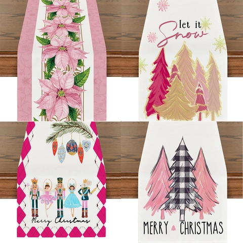 Runner da Tavolo Natalizio Rosa in Lino Con Schiaccianoci Babbo Natale Motivi Let It Snow Per Tavolo da Pranzo Feste
