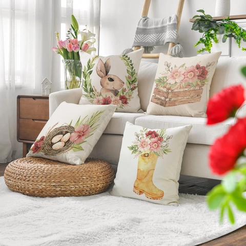 Ostern Kissenbezüge Leinen Aquarell Hase Floral Vogelnest Frühling Bauernhaus Deko