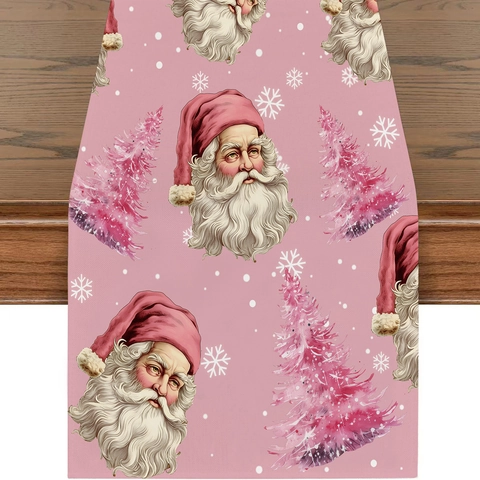Runner da Tavolo Natalizio Rosa in Lino Con Schiaccianoci Babbo Natale Motivi Let It Snow Per Tavolo da Pranzo Feste