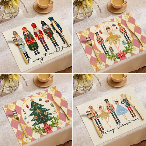 Linen Christmas Placemats Heat Resistant Washable Reindeer Nutcracker Table Mats For Dining Room Holiday Home Decor
