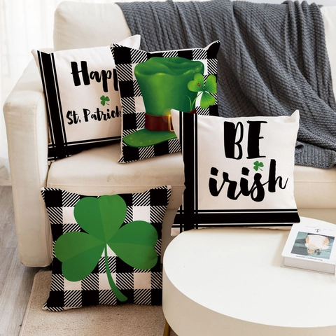 Federa per Cuscino in Lino per San Patrizio Trifoglio Verde Cappello a Cilindro Quadri Buffalo Decorazione Soggiorno