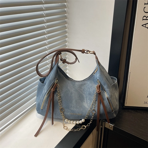 Women Vintage Hobo Tote Bag PU Leather Shoulder Underarm Handbag With Artificial Pearl Chain Decor Solid Color Daily Commute Bag