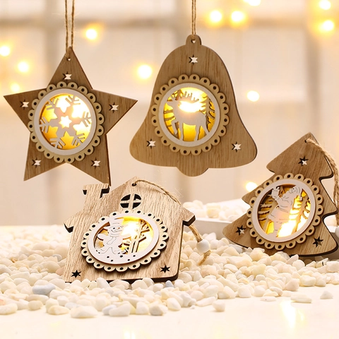 Kerst Hangornament Hout LED Laser Uitsparing Warm Licht Kerstman Sneeuwpop Rendier Sneeuwvlok Kerstboom Decoratie