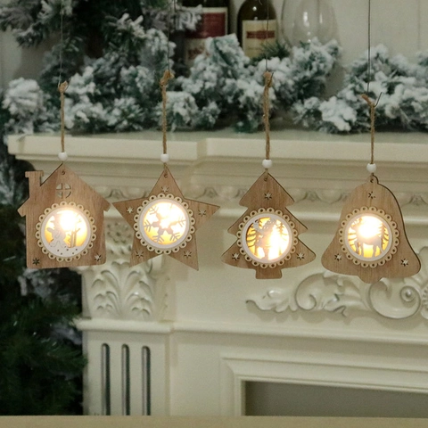 Kerst Hangornament Hout LED Laser Uitsparing Warm Licht Kerstman Sneeuwpop Rendier Sneeuwvlok Kerstboom Decoratie