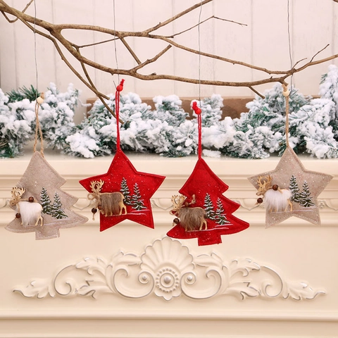 Ornamenti Appesi Natale Renna Ricamo Feltro Albero Stella Perline Legno Ecopelliccia Decorazione Casa Festa