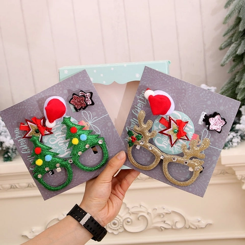 Decorazione per Festa di Natale Glitter Albero di Natale Corna Occhiali Cappello Babbo Natale Stella Mollette per Capelli Elastici per Capelli Bambini Accessorio Festivo