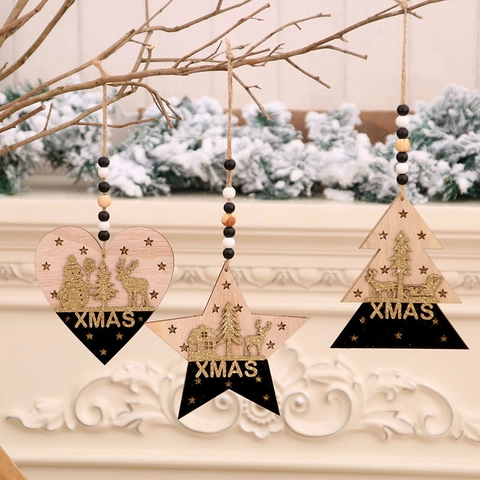 Addobbi Natalizi In Legno Pendenti Glitter Cuore Stella Albero Forme Decorazione Festiva Corda Perline