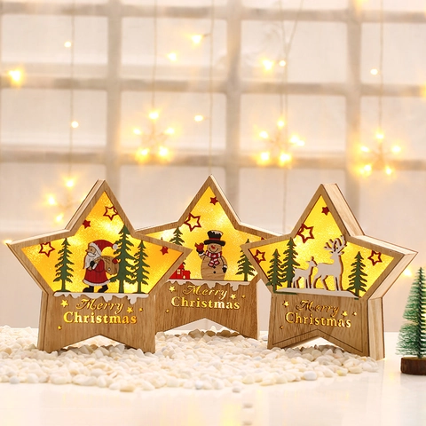 Weihnachten Holz Stern LED Licht Ornament Weihnachtsmann Schneemann Rentier Ausschnitt Warmes Leuchten Tisch Xmas Heimdeko Festliche Lampe
