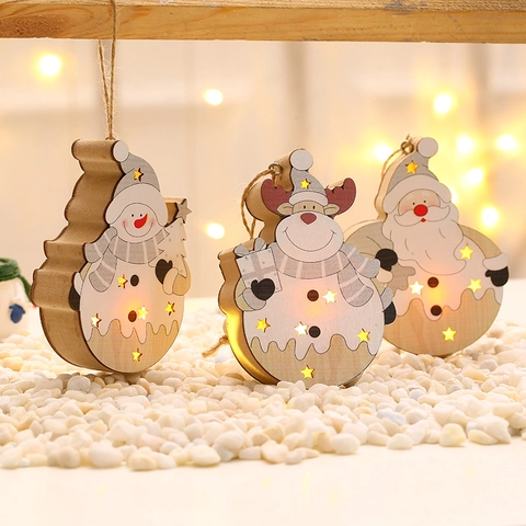 Weihnachten Holz Leuchtender Anhänger LED Licht Weihnachtsmann Schneemann Rentier Muster Stern Hohlraum Weihnachtsbaum Deko