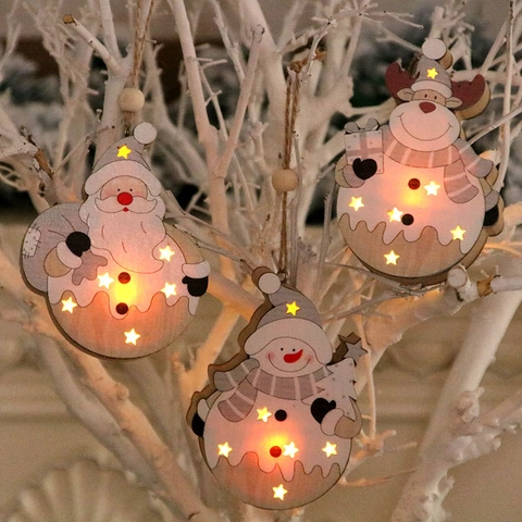 Weihnachten Holz Leuchtender Anhänger LED Licht Weihnachtsmann Schneemann Rentier Muster Stern Hohlraum Weihnachtsbaum Deko